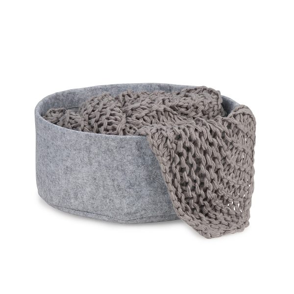 Round felt cat bed with grey blanket in it