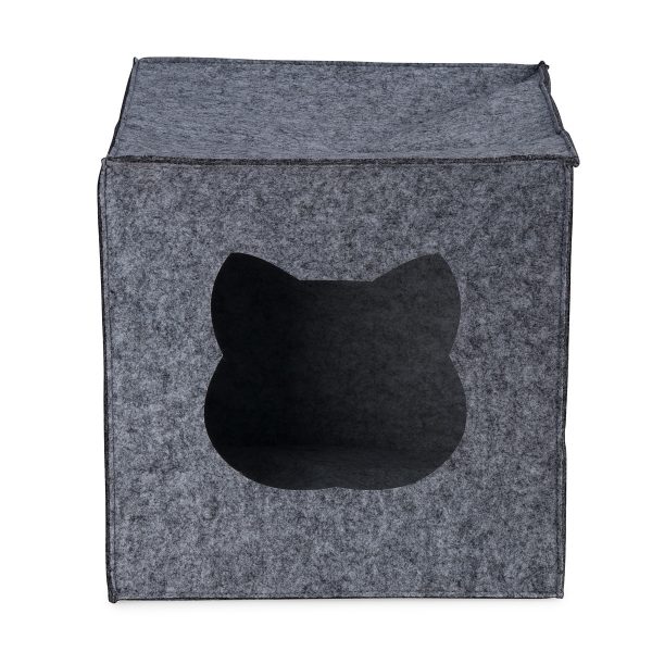 Front view of a square grey cat bed