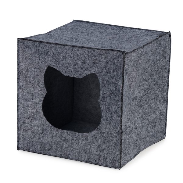 Side view of a square grey cat bed